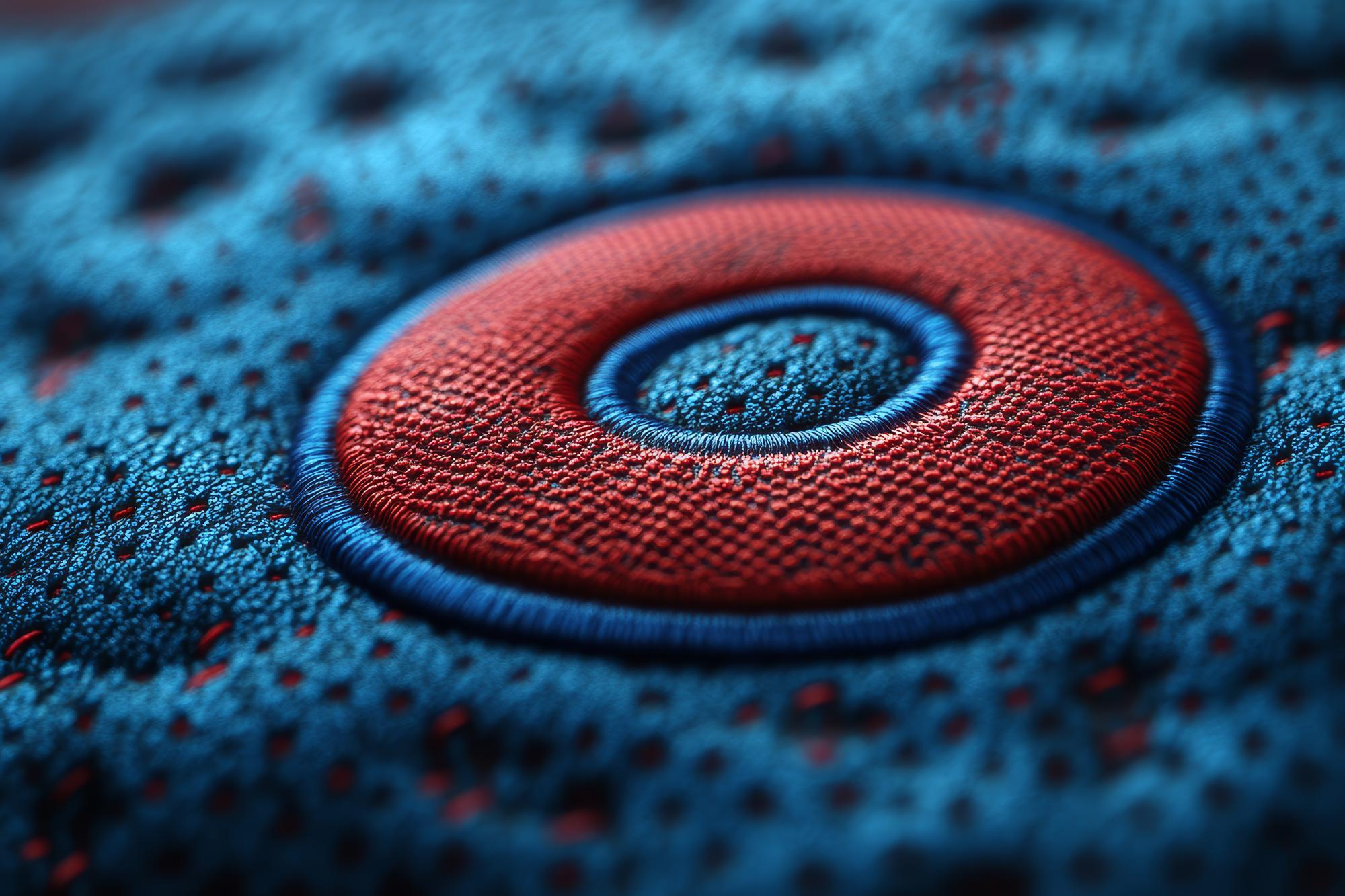 Close-up of futuristic embroidered patch on technical fabric